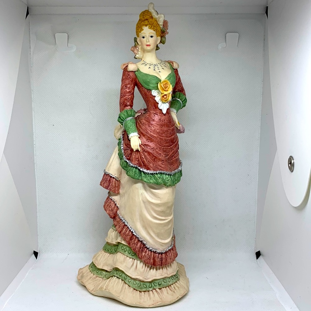 Victorian Elegant Lady in fancy dress with bustle and frills, roses, blonde